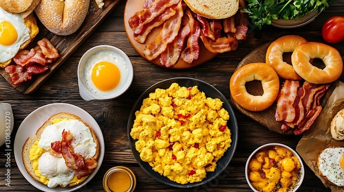 Wallpaper Mural Big breakfast with bacon bagels and scrambled eggs on the table overhead Torontodigital.ca