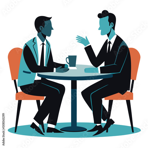 Business Discussion. Vector cartoon illustration in a flat style of a group of diverse people leading a discussion at a table near a whiteboard with charts and graphs. Isolated on background
