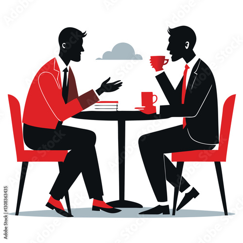 Business Discussion. Vector cartoon illustration in a flat style of a group of diverse people leading a discussion at a table near a whiteboard with charts and graphs. Isolated on background