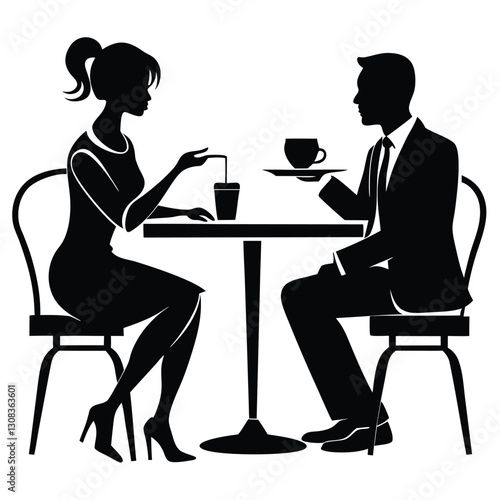 Business Discussion. Vector cartoon illustration in a flat style of a group of diverse people leading a discussion at a table near a whiteboard with charts and graphs. Isolated on background
