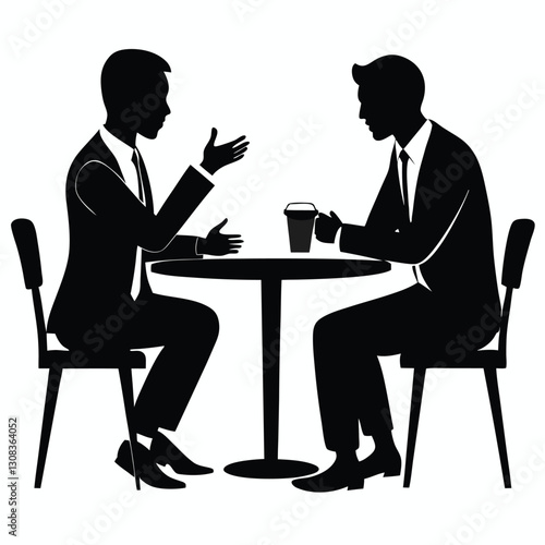 Business Discussion. Vector cartoon illustration in a flat style of a group of diverse people leading a discussion at a table near a whiteboard with charts and graphs.