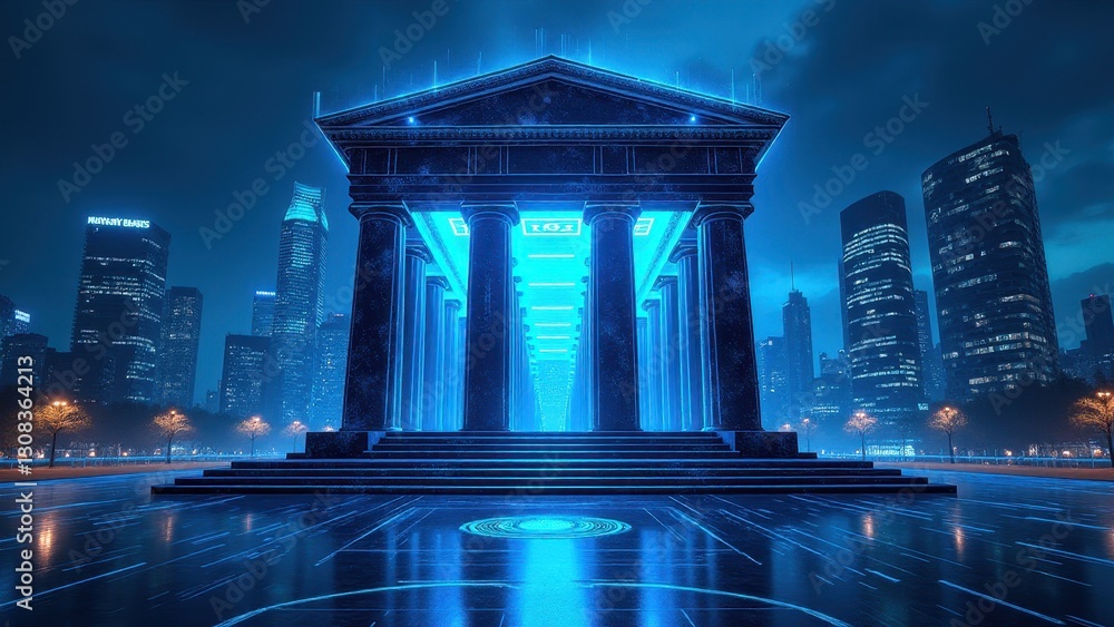 Fototapeta premium Banking technology themes, Ultramodern AI bank HQ glowing cybernetic-blue combining advanced algorithms and data security