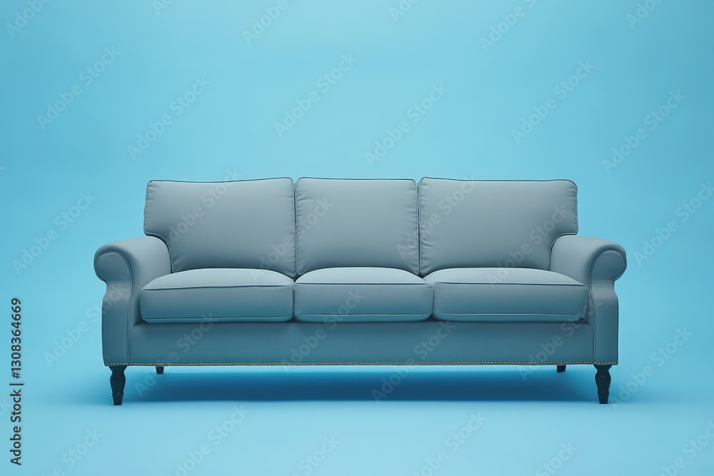 Fototapeta premium A modern blue colored sofa placed in a bright studio room