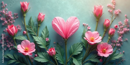 Delicate Pink Blossoms Arranged in a Heart Shape on a Soft Teal Background