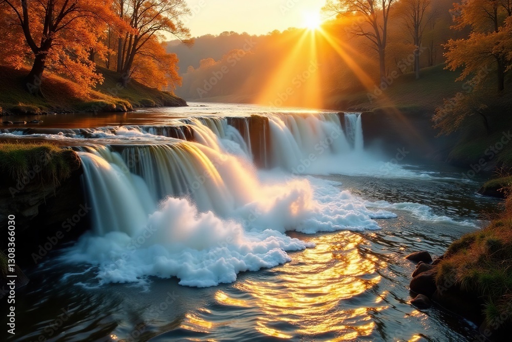 Golden sunlight illuminates rushing weir waterfall, autumn colours reflected , golden, background, fall Golden sunlight illuminates rushing weir waterfall, autumn colours reflected , golden, background, fall