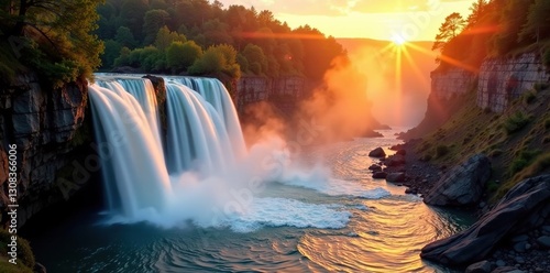 Wallpaper Mural Golden light bathes a powerful waterfall in a rocky gorge at sunset , stunning, beautiful Torontodigital.ca