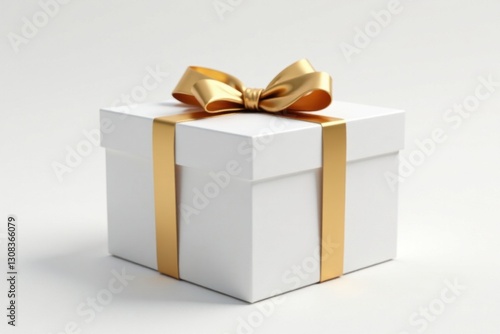 Luxury white gift box, golden ribbon bow on pure white background , minimal, mockup