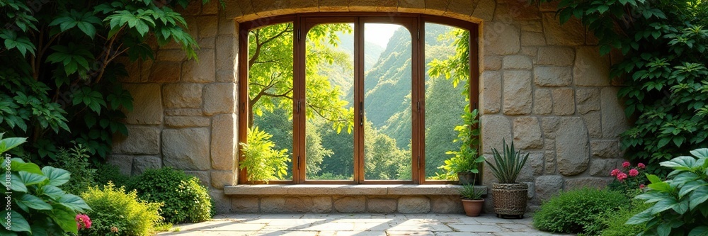 Large pane window, vibrant foliage, aged stone backdrop , vintage, wall Large pane window, vibrant foliage, aged stone backdrop , vintage, wall