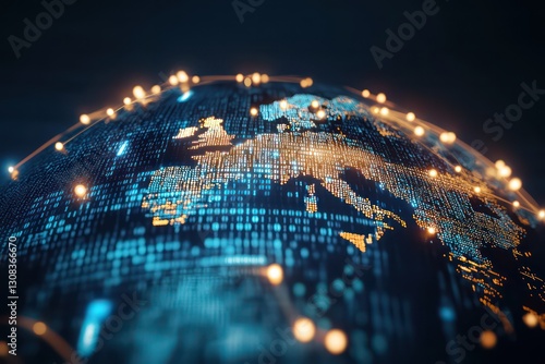 A 3D globe map highlighting Europe with binary code flowing and lines connecting digital dots, symbolizing the global digital economy and cryptocurrency.