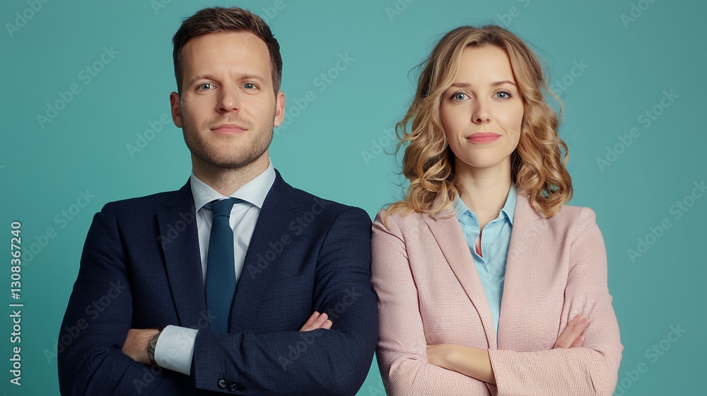 Confident Man and Woman in Business Attire Against Teal Background Confident Man and Woman in Business Attire Against Teal Background