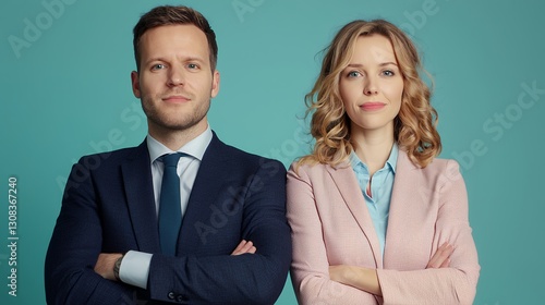 Confident Man and Woman in Business Attire Against Teal Background