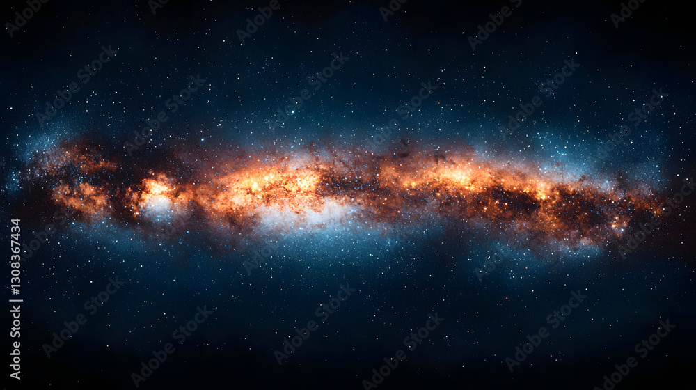 Fototapeta premium The image displays a stunning view of a galaxy with a vibrant orange core and a dark, starry background.