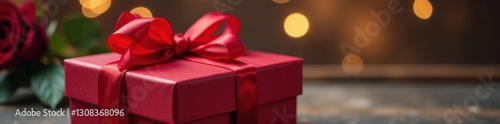Red ribbon gift box, rose bouquet, bokeh lights, winter, rose, decoration