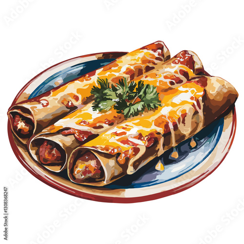 Watercolor Illustration of Cheesy Enchiladas with Salsa