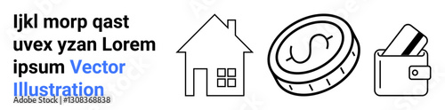House icon, coin with dollar symbol, wallet with credit cards text on left with placeholder content. Ideal for financial planning, home buying, saving money, budgeting, secure payments, fintech