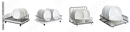 Assortment of different metal dish drying racks and wire dish drainers stacked neatly on kitchen counter or shelving unit photo