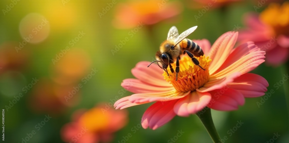 Busy bee on vibrant summer flower, collecting nectar, summer day, meadow, wildlife Busy bee on vibrant summer flower, collecting nectar, summer day, meadow, wildlife