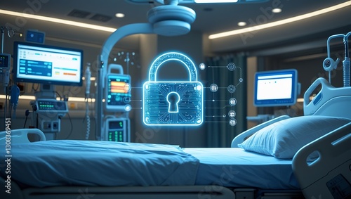 Secure Medical Technology: Digital Lock Symbol in Hospital Room
