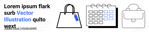 Shopping bag with tag, calendar with markings, and minimalist backpack highlight planning, purchasing, and travel. Ideal for retail, organization, education, lifestyle scheduling travel flat