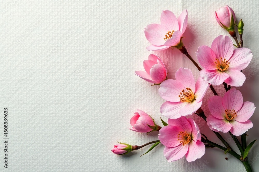 Delicate spring blossoms arranged on textured paper backdrop, spring background, flower backdrop, blossom Delicate spring blossoms arranged on textured paper backdrop, spring background, flower backdrop, blossom