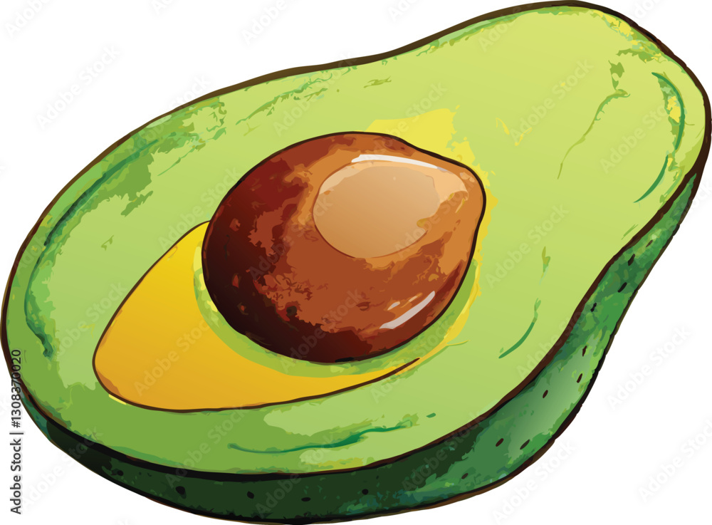 A colorful, stylized illustration of a halved avocado, showcasing the vibrant green flesh and rich brown pit. A colorful, stylized illustration of a halved avocado, showcasing the vibrant green flesh and rich brown pit.
