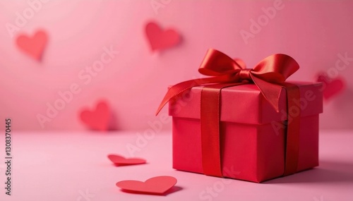 Red gift box, pink background, heart bokeh Valentine's Day, love, gift , anniversary, background, pink