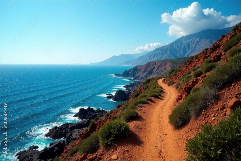 Fototapeta premium Coastal path, volcanic terrain, sun-drenched landscape, vibrant, sun, path
