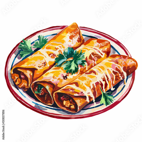 Watercolor Illustration of Cheesy Enchiladas with Salsa