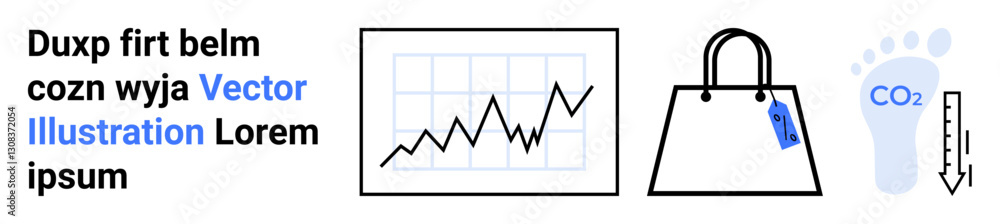 Graph indicating growth trend, shopping bag with eco-label, and footprint with CO2 emissions arrow. Ideal for sustainability, eco-shopping, business growth, climate change, analytics, CSR flat Graph indicating growth trend, shopping bag with eco-label, and footprint with CO2 emissions arrow. Ideal for sustainability, eco-shopping, business growth, climate change, analytics, CSR flat