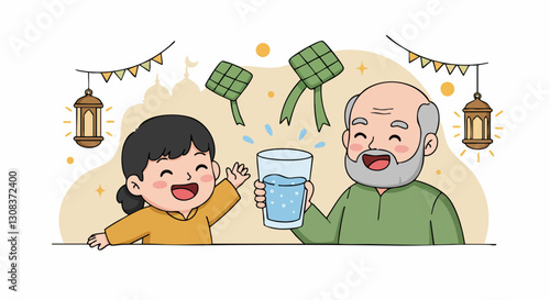 Smiling grandfather and granddaughter enjoying a cheerful iftar together, celebrating Ramadan with joy and gratitude.