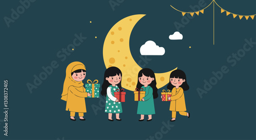 Illustration of children and a woman exchanging gifts under a crescent moon during Eid al-Fitr celebrations, symbolizing joy and tradition.