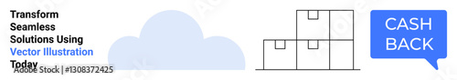Cloud icon with stacked shipping boxes and cashback speech bubble. Ideal for e-commerce, logistics, cloud storage, financial perks, retail solutions, shipment management, flat landing page banner