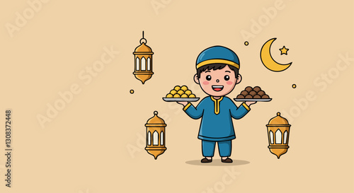 Illustration of a happy child in traditional attire holding dessert trays, celebrating Eid al-Fitr amidst crescent moon and lanterns.