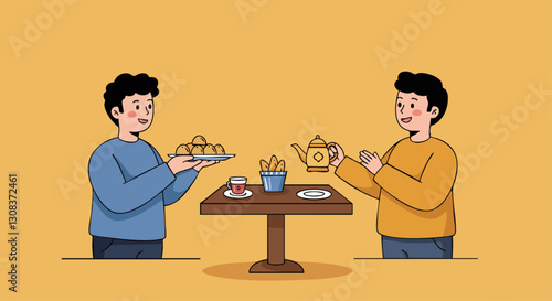 Two friends share a joyful Ramadan iftar meal, with one serving food and the other pouring tea under the night sky.
