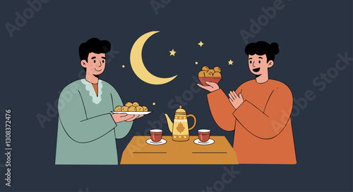 Two men enjoy iftar during Ramadan with tea and traditional sweets under a crescent moon and stars.