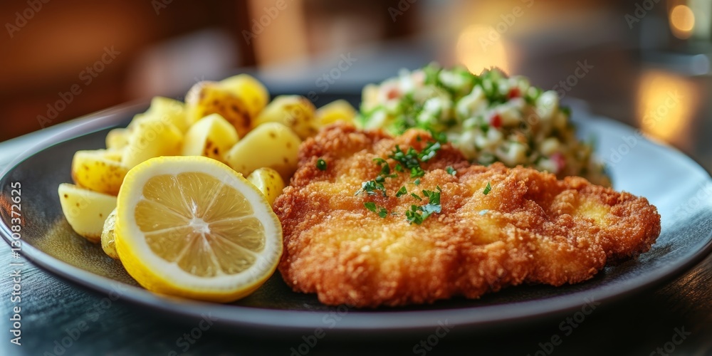 Breaded cutlet with roasted potatoes, lemon and salad on a plate Breaded cutlet with roasted potatoes, lemon and salad on a plate