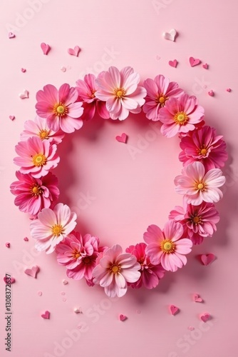 Pink floral wreath, hearts, soft pink background Flat lay Valentine's Day , pastel, element