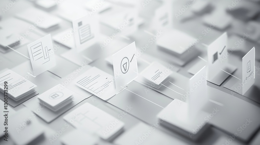 Minimalist design of a business document management system with white tones, icons, checkmarks, and a compliance theme. Minimalist design of a business document management system with white tones, icons, checkmarks, and a compliance theme.