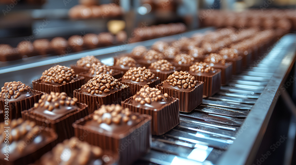 Rows of chocolate candies on conveyor belt, artisanal confectionery, luxury dessert production, industrial food photography Rows of chocolate candies on conveyor belt, artisanal confectionery, luxury dessert production, industrial food photography
