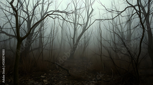 Wallpaper Mural Eerie foggy forest with bare trees and dry foliage Torontodigital.ca