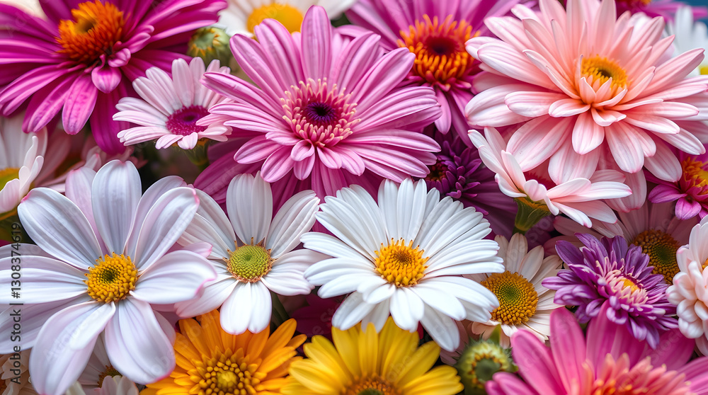 Vibrant bouquet of colorful daisies in various shades and sizes Vibrant bouquet of colorful daisies in various shades and sizes