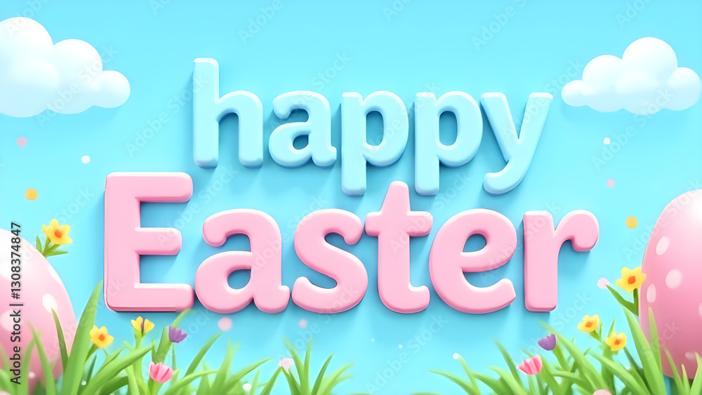 A bright and festive Easter card image featuring colorful eggs and a happy Easter inscription on a fun and bright background.