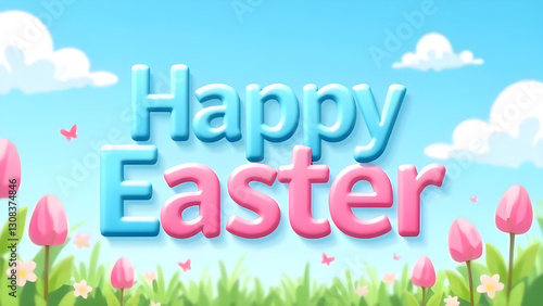 A bright and festive Easter card image featuring colorful eggs and a happy Easter inscription on a fun and bright background.