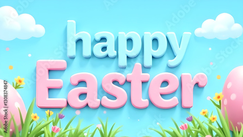 Obraz na płótnie A bright and festive Easter card image featuring colorful eggs and a happy Easter inscription on a fun and bright background. w salonie