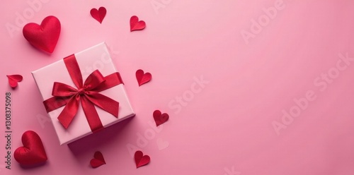 Pink background, romantic Valentine's gift box arrangement, overhead view, february, caring, tenderness