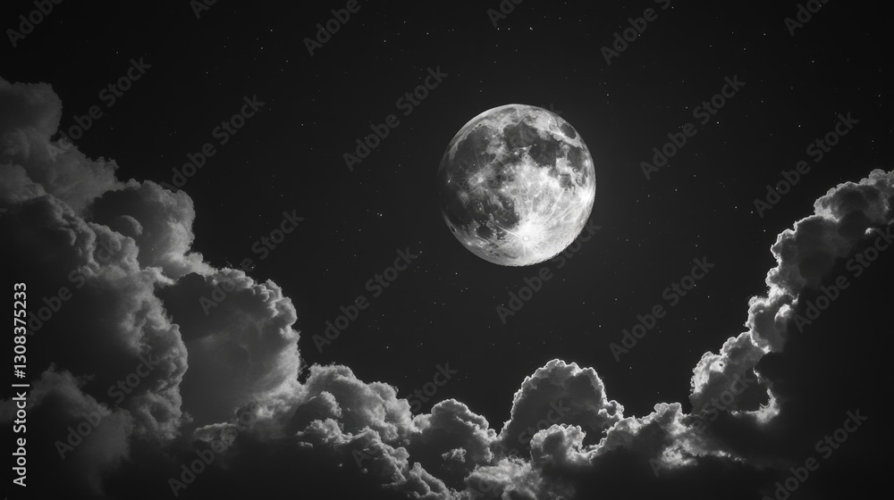 Obraz premium Majestic Full Moon Illuminating Dark Clouds in Night Sky Scene