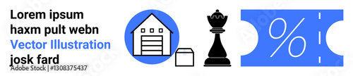 Warehouse building, small package, chess pawn, discount ticket with percentage symbol. Ideal for logistics, strategy planning, e-commerce, deals, marketing retail abstract line flat metaphor