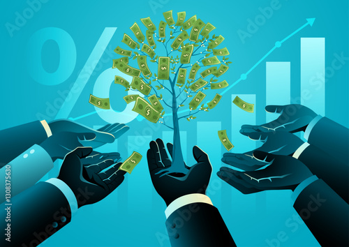 Conceptual illustration of financial growth, depicting a money tree in a businessman’s hand with multiple hands reaching for falling money, symbolizing profit distribution and stock dividends