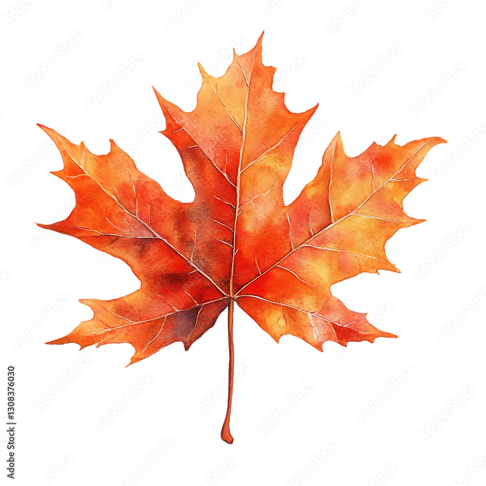 Fototapeta premium Single vibrant red and orange autumn maple leaf isolated on black background.