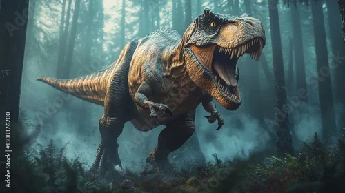 Fototapeta Realistic T-Rex in a Misty Forest Creating a Prehistoric Scene Full of Adventure and Mystery